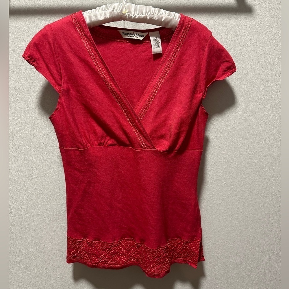 Stephanie Rogers Sz L Cap Sleeve Deep V Neck Cross Wrap Top Decorative Stitching